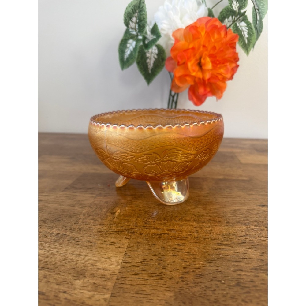 Vintage Carnival Glass Footed Bowl Marigold Floral Iridescent Scalloped Rim